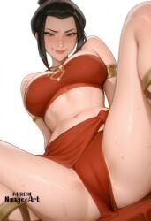 1girl ai_generated armlet artist_name avatar:_the_last_airbender avatar_(series) avatar_the_last_airbender azula bandeau bare_shoulders black_hair breasts brown_eyes cameltoe closed_mouth jewelry large_breasts lips looking_at_viewer midriff navel necklace nuageeart questionable simple_background sitting smile solo spread_legs stomach strapless sweat tube_top white_background