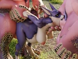 3d_(artwork) absurd_res ambiguous_penetration anjanath anthro arm_grab belly big_belly blender_(artwork) breasts brute_wyvern canyne capcom digital_media_(artwork) faceless_character faceless_male fellatio female grass group hi_res inflation le_chumsky male male/female monster_hunter nipples nude oral oral_penetration outside palamute penetration penile phrostbite plant questionable_consent sex size_difference solo_focus spitroast trio