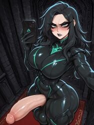 1futa 1futanari ai_assisted ai_generated annoyed annoyed_expression ass big_ass big_breasts big_butt big_hips big_penis black_eyeshadow black_hair black_lip black_lips black_lipstick black_makeup bodysuit breasts cleavage clothed clothing dick dickgirl eyebrows eyelashes futanari goth goth_futa goth_girl goth_makeup gothic gothic_girl gothified green_eyes hair hela hela_(marvel_rivals) huge_cock latex lips mad makeup marvel marvel_comics marvel_rivals messy_hair narrow_waist nose penis smooth_balls smooth_penis smooth_skin velfur