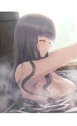 ^_^ armpits bangs bath bathing blunt_bangs blush breasts brown_hair cleavage closed_eyes covered_erect_nipples female highres idolmaster idolmaster_cinderella_girls kamiya_nao large_breasts letterboxed long_hair ofuro_bath outstretched_arms refraction relaxed ryuu. simple_background solo steam stretch thick_eyebrows upper_body very_long_hair water_drop wet wet_hair wooden_bathtub