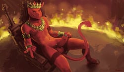 1boy anthro balls crown demon fire foreskin genitals gold_(metal) gold_jewelry hi_res jewelry looking_at_viewer louis_(sunhuiz) male male_only necklace penis pentagram red_body solo spade_tail sunhuiz