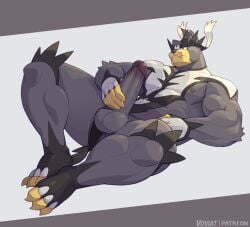 3_toes 5_fingers abs anthro balls bear big_muscles big_penis black_body black_clothing bottomwear bottomwear_aside claws clothed clothing clothing_aside erection feet fingers gay gay_masturbation generation_8_pokemon genitals hand_on_penis hi_res homosexual homosexual_male huge_muscles legendary_pokemon loincloth loincloth_aside loincloth_only lying male male_focus male_only male_penetrating mammal masturbation mostly_nude muscular muscular_anthro muscular_male nintendo nipples on_back pecs penile penile_masturbation penis pokemon pokemon_(species) single_strike_style_urshifu solo spikes spikes_(anatomy) thick_thighs toe_claws toes topless urshifu vein veiny_penis voviat white_body white_clothing yellow_body