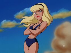 1girls bikini blonde_hair blue_bikini dcau female female_only screenshot_edit solo supergirl supergirl_(dcau) swimsuit