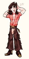 1male assless_chaps bad_teeth belt belt_accessory belt_buckle big_penis boots brown_hair button_up_shirt chaps cowboy_boots cowboy_hat cowboy_outfit cowboy_western dark_hair dark_hair_male dark_pubic_hair digital_art digital_drawing_(artwork) digital_media digital_media_(artwork) english english_dialogue english_text flirty fringe full full_body hand_on_head human leather leather_clothing long_hair long_hair_male long_penis male male_only mr_shrink oc original original_art original_character penis penis_out presenting presenting_penis pubic_hair shiny_penis smiling smiling_at_viewer smirk smirking smirking_at_viewer steel_toe_boot tooth_gap veiny_penis western_outfit western_style