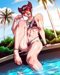 1girls ankle_band anklewear big_breasts bikini black_hair capcom eyeshadow feet female fingernails fit fit_female hair_cones hair_over_one_eye juri_han levidu99 lollipop makeup micro_bikini nail_polish navel poolside pubes pubic_hair pubic_hair_peek purple_hair spiked_bracelet streaked_hair street_fighter street_fighter_6 tagme thighs toenail_polish toenails toes wristband