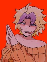 1girls absurd_res blonde_hair blue_eyes clavkiys_mc clavkiys_the_magikey_skyblaster duel_monster evil_grin female female_focus focus hands_together hi_res huge_breasts klatina konami light_skin looking_at_viewer meme mischievous_smile multicolored_hair praying purple_hair safe seductive seductive_smile short_hair simple_background smile solo standing sweater teenager teeth tongue tongue_out younger_female yu-gi-oh!