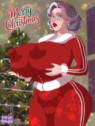 big_breasts busty christmas christmas_tree curvaceous curvy curvy_female curvy_figure earrings erect_nipples_under_clothes gilf grey_hair huge_breasts indoors large_breasts looking_at_viewer mature_woman medium_hair merry_christmas mrs._claus naughty_face older_female pink_pain standing teasing teasing_viewer thick_thighs voluptuous voluptuous_female