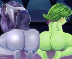 2girls big_ass disgust_(inside_out) ennui_(inside_out) green_hair green_skin inside_out inside_out_2 pointy_nose purple_hair purple_skin spiralart