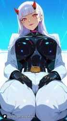 1girl activision ai_generated artist_name bangs belt black_gloves blizzard_entertainment blunt_bangs bodysuit breasts covered_nipples earrings gloves horns jacket jewelry large_breasts lips long_hair looking_at_viewer open_clothes overwatch overwatch_2 pants patreon questionable red_eyes seiza senpai_pixels shiny shion shion_(overwatch) sitting skin_tight smile solo sweat thick_thighs thighs wet white_hair white_pants