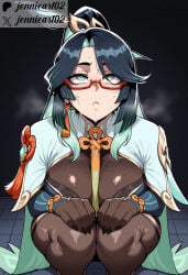 1girl ai_generated aqua_eyes aqua_hair bangs black_hair blue_hair blush bodystocking breasts capelet clothing colored_inner_hair earrings eyewear female fingernails genshin_impact glasses gloves green_eyes green_hair hair_ornament jennieart02 jewelry large_breasts legwear long_hair long_sleeves looking_at_viewer looking_up multicolored_hair pantyhose patreon patreon_logo patreon_username red-framed_eyewear semi-rimless_eyewear sitting solo squatting sweat tassel tassel_earrings tassel_hair_ornament thighhighs thighs tile_floor twitter twitter_username two-tone_hair very_long_hair watermark web_address xianyun_(genshin_impact)