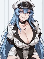 1girl ai_assisted ai_generated akame_ga_kill! ass big_ass big_breasts big_hips blue_eyes blue_hair breasts cleavage clothed clothing esdeath_(akame_ga_kill!) eyebrows eyelashes female female_focus female_only long_hair looking_at_viewer medium_breasts medium_hair navel smile smirk smooth_skin solo solo_female solo_focus tattoo velfur