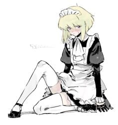 1boy 1femboy androgynous ashamed blonde_hair blush blushing bob_cut crossdressing cum embarrassed femboy femboy_only feminine_faced_male feminine_male lio_fotia maid maid_headdress maid_outfit maid_uniform male nervous petite petite_body petite_male promare questionable short_hair short_male shy slim slim_male slim_waist solo stockings suggestive suggestive_pose thighhighs thin_waist twink