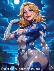 ai_generated big_ass big_breasts big_butt big_thighs blonde_hair blue_bodysuit blue_eyes blush bodysuit ezuna huge_ass huge_breasts huge_butt huge_thighs invisible_woman invisible_woman_(marvel_rivals) marvel_comics marvel_rivals see-through see-through_clothes see-through_clothing sue_storm wanuze wet wide_hips