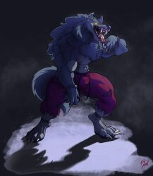2026 4_toes 5_fingers abs albawuff anthro black_background blue_body blue_fur bottomwear bulge canid canine chest_tuft claws clothing enigma_(daltenigma) feet fingers fur genital_markings genitals hi_res looking_at_viewer male mammal markings muscular mythological_canine mythological_creature mythology nipples open_mouth pants paws penis penis_markings simple_background solo toes tongue tongue_out tuft werecanid werecanine werecreature werewolf yellow_sclera