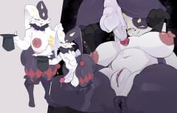absurd_res anthro anus balls big_breasts big_butt black_body black_fur black_nose blush blush_lines bodily_fluids breasts butt cheek_tuft clothing dripping duo dupin_(pal) erection eyelashes facial_tuft female fur genital_fluids genitals glans hat headgear headwear hi_res imminent_sex jacktingoff jester lagomorph larger_female leporid male male/female mammal markings multicolored_body multicolored_fur navel neck_tuft nipples pal_(species) palworld penis pocketpair precum precum_drip rabbit red_markings short_tail size_difference slightly_chubby slightly_chubby_female smaller_male spread_legs spreading tail top_hat tuft vaginal_fluids vein veiny_penis vulva white_body white_fur yellow_eyes yellow_markings