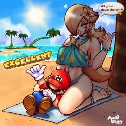 1boy 1girls beach bikini blonde_female breasts feet female_focus hair_over_one_eye mario mario_(series) marodraws midriff palm_tree princess_rosalina rings super_mario_galaxy taller_female thighs tropical