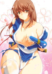 1girls big_breasts breasts brown_eyes brown_hair dead_or_alive feet female kasumi_(doa) kettsu large_breasts long_hair panties torn_clothes torn_thighhighs underwear white_panties white_underwear