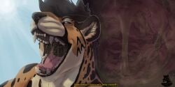 2022 2:1 anthro bodily_fluids cheetah dialogue felid feline hi_res inside_stomach internal male mammal nolow nolow_(character) outside saliva solo talking_to_viewer teeth throat vore