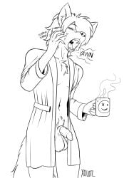 2026 alejandro_(xolotl_59) animal_genitalia ball_tuft balls beverage canid canine canis chest_tuft coffee coffee_mug digital_media_(artwork) fur genitals half-erect half_naked hi_res male mammal night_robe open_mouth penis pubes sheath simple_background solo standing tail tired tuft wolf xolotl_59 yawn