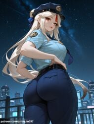 1girl ai_generated alternate_costume arlequin097 ass belt black_belt blue_pants blue_shirt breasts building cityscape from_behind genshin_impact hair_ornament hat huge_ass large_breasts long_hair looking_at_viewer looking_back mihoyo necktie night night_sky ningguang_(genshin_impact) outdoors pants pantylines parted_bangs parted_lips police police_hat police_uniform policewoman red_eyes shirt shooting_star short_sleeves sky solo star_(sky) starry_sky tassel tassel_hair_ornament thighs uniform very_long_hair white_hair