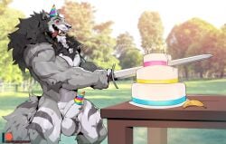 animal_genitalia anthro balls banana black_mane black_nose cake canid canine canine_genitalia canis clothing dessert fangs fingers food fruit fur furgonomic_piercing furgonomics genital_piercing genitals grey_body grey_fur hat hat_on_sheath headgear headwear hi_res humanoid_hands male mammal mane melee_weapon mjodvitnir muscular muscular_anthro muscular_male mythological_canine mythological_creature mythology nude nude_anthro nude_male open_mouth open_smile party_hat patto piercing plant ring_piercing sheath sheath_piercing sheath_ring smile solo sword tail teeth weapon werecanid werecanine werecreature werewolf wolf