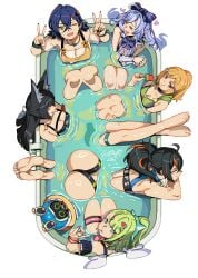 animal_ears ass bangboo_(zenless_zone_zero) belle_(zenless_zone_zero) double_v heddy_(zenless_zone_zero) hoshimi_miyabi long_hair multiple_girls sunna_(zenless_zone_zero) swimsuit v vivian_(zenless_zone_zero) vivian_banshee zenless_zone_zero zhu_yuan