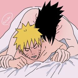 2boys asian asian_male bed black_hair closed_eyes english_text gay hand_holding male male/male male_only male_penetrating naruto on_stomach penetration rrrsn37 sasuke_uchiha sex speech_bubble spiky_hair sweatdrop text uzumaki_naruto whisker_markings yaoi yellow_hair