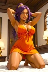 1woman ai_generated anime armpits bangs bed bedroom bleach bleach:_the_thousand-year_blood_war camisole cleavage curvaceous_female dark_skin day fantasy hands_behind_head hands_up heavenly_body hot isaris-ai kneeling knees lamp large_breasts looking_at_viewer lustful_gaze mature_female orange_dress panties pose purple_ponytail seductive seductive_pose sexy shihouin_yoruichi shinigami shonen_jump smile solo_focus thick_thighs warrioress window yellow_eyes