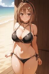 1girl ai_generated arm_strap atelier_(series) atelier_ryza bare_shoulders beach bikini black_bikini black_choker black_hairband black_ribbon blue_sky blush bow_hairband bracelet breasts brown_eyes brown_hair cameltoe choker cleavage closed_mouth cloud collarbone cowboy_shot day groin hair_between_eyes hair_ornament hair_ribbon hairband hairclip halterneck jewelry key key_necklace large_breasts looking_at_viewer navel necklace o-ring o-ring_bikini ocean outdoors pendant pixiv reisalin_stout rena_aikawa_(pixiv_user) ribbon sand shore short_hair side-tie_bikini_bottom skindentation sky smile solo stable_diffusion standing star_(symbol) star_choker star_necklace stomach string_bikini swimsuit thighs water wooden_wall wristband
