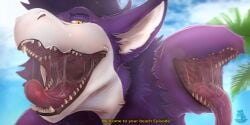 2022 2:1 absurd_res bodily_fluids breath cloud dialogue dragon english_text hi_res looking_at_viewer male mouth_shot mythological_creature mythological_scalie mythology nolow open_mouth outside saliva scalie sheebi sky solo tail tail_mouth teeth text tongue unusual_anatomy unusual_tail