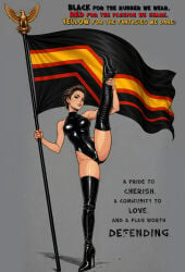 ai_assisted blonde_hair blue_eyes boots comic_style english english_text eyeliner female female_focus fetish flag flagpole high_heels latex latex_clothing latex_suit nordenfuta over_the_knee_boots partially_clothed pose poster pride pride_month rubber rubber_suit shiny short_hair stretching text