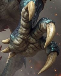3_toes ai_generated claws foot_focus lizard lizardman long_claws scalie sweat wrinkled_feet wrinkled_soles