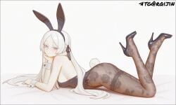 1girls ai_generated background blue_eyes bow_ribbon bunny_ears bunny_tail bunnysuit female looking_at_viewer lying pandora_(re:zero) pov re:zero_kara_hajimeru_isekai_seikatsu white white_hair