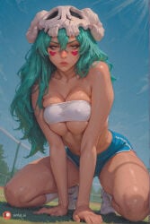 1girl ai_generated aisinful aqua_hair arm_tattoo ass bandeau barefoot big_ass big_boobs big_butt bleach blush body_writing bodypaint breast_tattoo breasts butt cleavage facepaint facial_mark facial_tattoo female fishnet_legwear fishnets green_hair hat heart_tattoo hi_res large_breasts long_hair medium_breasts nelliel_tu_odelschwanck outdoors sarashi shorts shoulder_tattoo solo squatting tattoo thick_thighs thighs wide_hips