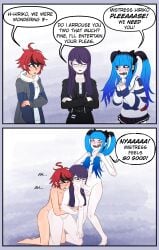 1girls 2futas ambiguous_penetration begging behind bklo darumi_amemiya fellatio from_behind futa_on_female futanari hiruko_shizuhara holding on_knees pulling_hair takumi_sumino the_hundred_line_-last_defense_academy-