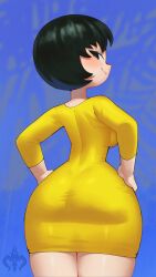 1girls 2020s 2026 2d 2d_(artwork) ass back_view black_hair dress female female_only jucika jucika_(comic) light-skinned_female light_skin looking_back png ricotta_desu short_hair solo wide_hips yellow_dress