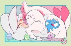 69_position absurd_res animal_genitalia anthro anus atlantean big_ears blue_body bodily_fluids buckteeth bunny_costume bunzillaking clothing costume deep_throat digital_media_(artwork) duo easter easter_egg egg eyes_closed fellatio fizz_(lol) genital_fluids genital_slit genitals grass hand_on_butt hi_res holidays league_of_legends long_ears male male/male markings oral oral_penetration paws penetration penile pink_anus pink_eyes pink_nose plant precum riot_games saliva seam_(sewing) sex smile tail teemo_(lol) teeth tencent watermark wet yordle