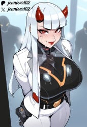 1girl 2boys ai_generated arms_behind_back artist_name belt blunt_bangs blush bodysuit breasts clothing curvy english_text female hime_cut horns jacket jennieart02 large_breasts long_hair looking_at_viewer makeup multiple_boys omnic open_clothes open_jacket overwatch overwatch_2 pants patreon_username red_eyes red_horns red_lips shion_(overwatch) smile solo_focus sweat thick_thighs wet white_hair