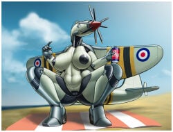 aeromorph aircraft airplane areola back_wings beach beach_towel belly beverage beverage_can big_areola big_breasts big_nipples black_areola black_nipples breasts cloud cockpit crouching dark_areola dark_nipples digital_media_(artwork) female fin genitals green_body hi_res holding_object living_aircraft living_machine living_vehicle looking_at_viewer machine metallic_body navel ndragon3 nipples non-mammal_nipples not_furry nude nude_female outside propeller sand seaside smile solo tail tail_fin thick_thighs towel vehicle vulva water wheel wheel_feet wide_hips wings