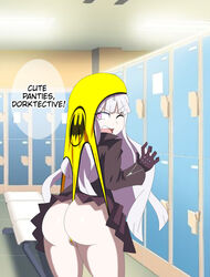 1girls annoyed ass atomic_wedgie batman_(series) batman_symbol danganronpa danganronpa:_trigger_happy_havoc dc_comics female female_only gloves kirigiri_kyouko lavender_hair locker_room lockers one_eye_closed pale-skinned_female pale_skin panties print_panties solo straight_hair wedgie yellow_panties