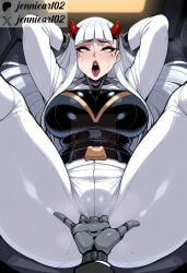 1boy 1girl ahegao ai_generated arms_behind_head arms_up artist_name blunt_bangs blush bodysuit breasts clothing demon_girl demon_horns female fingering fingering_through_clothes helltaker hetero horns jennieart02 large_breasts long_hair omnic open_mouth overwatch overwatch_2 pants patreon_username pov_hands pussy_juice red_eyes red_horns robot rolling_eyes shion_(overwatch) solo_focus spread_legs sweat teeth through_clothes tongue tongue_out white_hair white_pants
