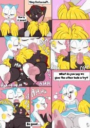 2026 absurd_res animal_genitalia anthro anus balls bed big_tail black_body black_fur bodily_fluids bottomwear buckteeth cheerleader_outfit clothed clothed_male clothing comic crop_top crossdressing dialogue digitigrade duo english_text erection eyes_closed fellatio fuf fur furniture generation_4_pokemon genitals handjob heart_symbol hi_res looking_at_another looking_at_partner looking_pleasured lying lying_on_bed male male/male midriff multicolored_body multicolored_fur nintendo no_underwear nude_male on_back on_bed oral pachirisu penile penis pink_body pink_fur pokemon pokemon_(species) pom_poms red_body red_fur rosy_cheeks saliva saliva_on_penis sex sheath shirt skirt speech_bubble spiked_tail spikes spikes_(anatomy) tack_(petokikka) tail teeth text topwear two_tone_body two_tone_fur white_body white_fur