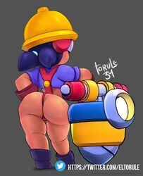 1girls ass ass_focus back bare_thighs big_ass big_butt blue_clothing blue_hair bottomless brawl_stars butt clothed clothing construction_worker drill female female_focus female_only freckles from_behind full_body half-dressed helmet helmet_headphones jacky_(brawl_stars) light-skinned_female light_skin mole mole_on_ass partially_clothed rear_view red_thong simple_background solo solo_female solo_focus standing supercell thong tied_hair torule34 twintails uniform wedgie