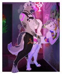alley_sex anal anal_penetration anthro armwear athletic athletic_male bottomwear canid canine canis clothed clothed_sex clothing crop_top crossdressing domestic_cat duo elbow_gloves erection felid feline felis femboy fluffy fluffy_tail fur genitals gloves hair handwear harness heart_symbol hi_res humanoid_genitalia humanoid_penis interspecies letsdrawcats male male/male mammal open_bottomwear open_clothing open_pants pants penetration penile penile_penetration penis penis_in_ass sex shirt shirtless_male slim_anthro slim_male standing standing_sex tail tie-dye topwear toryn_(torynwolf) white_body white_fur white_hair wolf