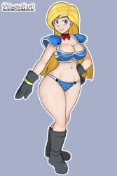 armor bikini bikini_armor blue_eyes breasts chichi's_armor clothing cosplay female gloves high_resolution huge_breasts long_hair minerva_(transformers) smile steca swimsuit thelazyart thighs transformers yellow_hair