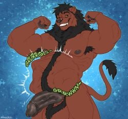 abdominal_bulge balls belly big_balls big_belly big_penis black_hair erection felid flexing genitals hair hi_res lion male male_pred mammal mane muscular muscular_male nipples nude pantherine paradoxinhead penis rumbling_stomach same_size_vore struggling struggling_prey vore