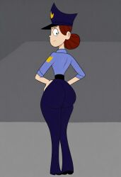 1girls ai_generated ass brown_hair cartoon_network curvy_figure fhfif_cop foster's_home_for_imaginary_friends from_behind hair_bun looking_at_viewer looking_back officer_jones police police_uniform policewoman rear_view wide_hips