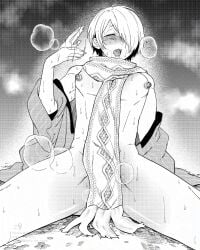 breath closed_eyes convenient_censoring erect_nipples fangs gegege_no_kitarou hair_over_one_eye hanten_(clothes) kimono kitarou_tanjou_gegege_no_nazo male male_only medama_oyaji_(human) monochrome nipples open_clothes open_kimono open_mouth overheated scarf sitting solo spread_legs sweat turbine_tree