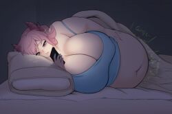 bbw bed belly belly_grab big_belly big_breasts breasts cakecatboy catboymech dragon_horns drooling fat fat_belly fat_female fat_fetish freya_(cakecatboy) horns huge_belly huge_breasts laying_down laying_on_bed neet obese obese_female pink_hair