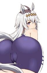1girls ahoge ass_focus blue_eyes box_wonderland cameltoe female grey_hair hairband horse_ears horse_girl horse_tail long_hair looking_back oguri_cap_(umamusume) rear_view solo solo_female swimsuit tail umamusume